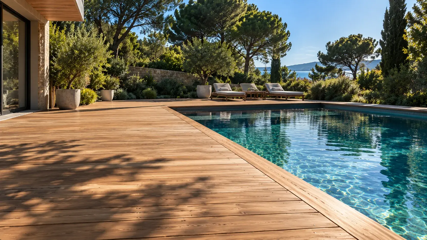 Terrasse en bois autour d’une piscine dans un jardin méditerranéen