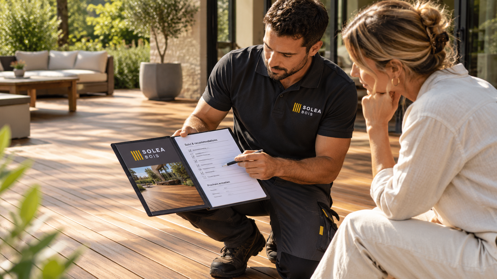 Un conseiller échange avec une cliente sur son projet de terrasse