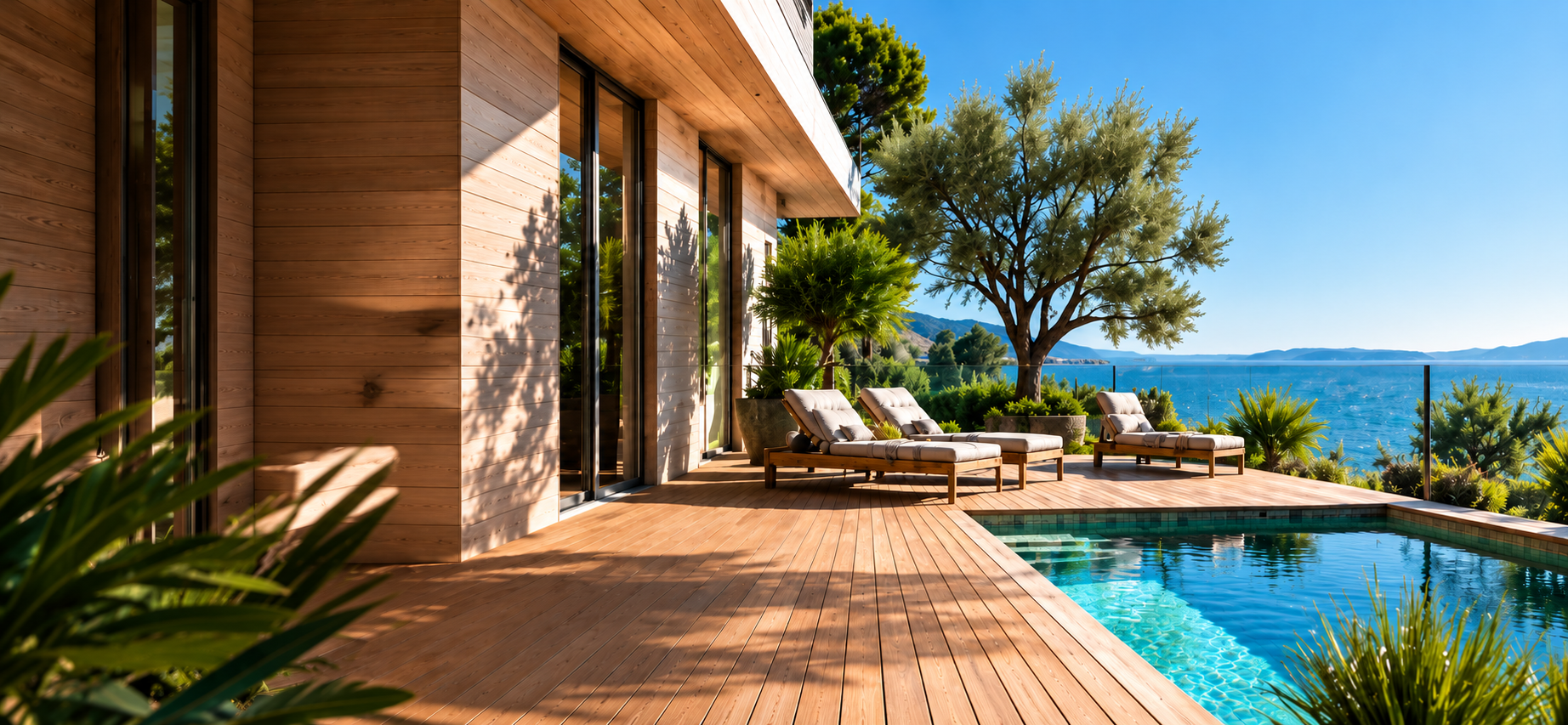 Terrasse en bois autour d’une piscine face à la mer