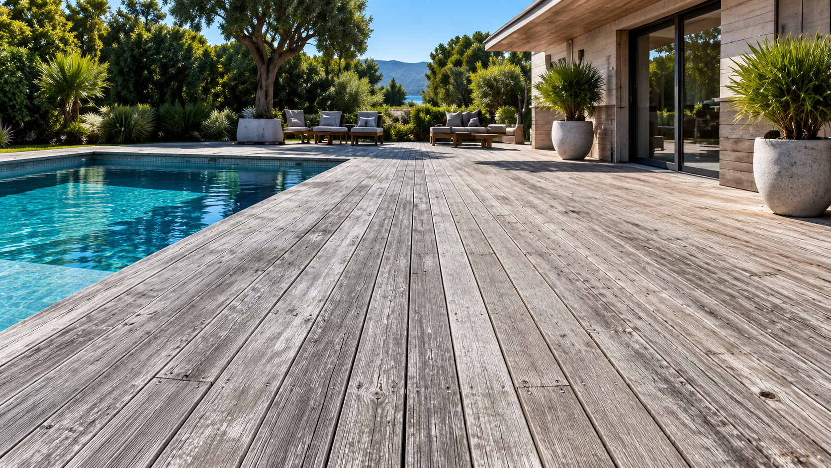 Terrasse en bois patiné entourée de végétation
